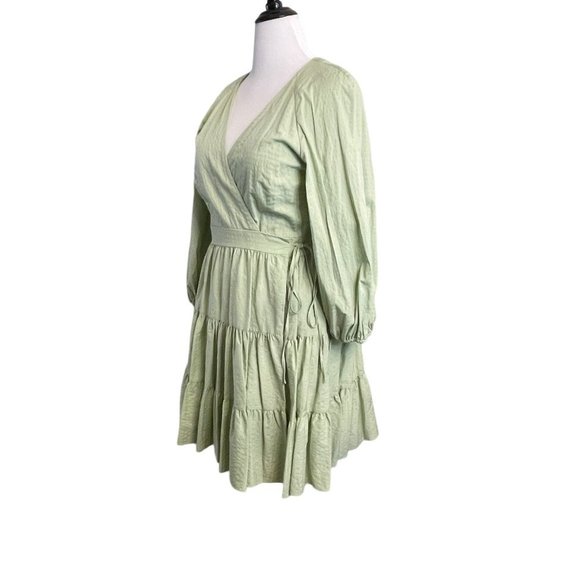 Gianni Bini Spring Sage Green Wrap V Neck Dress Long Sleeve Cotton EUC Large - Picture 2 of 9